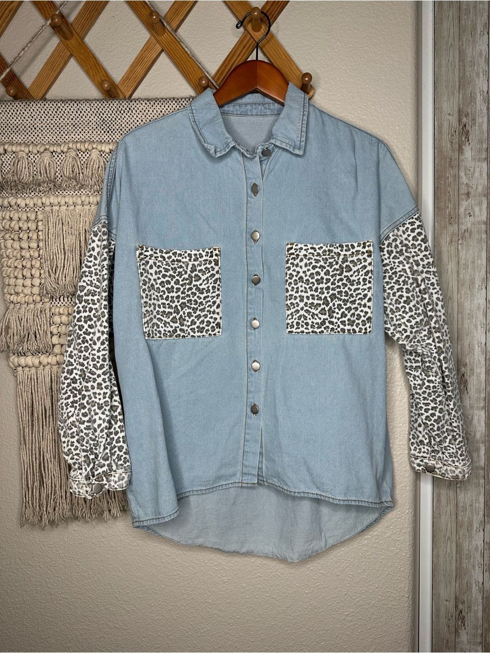 Denim Button-Up Shirt with Leopard Print Pockets & Sleeves